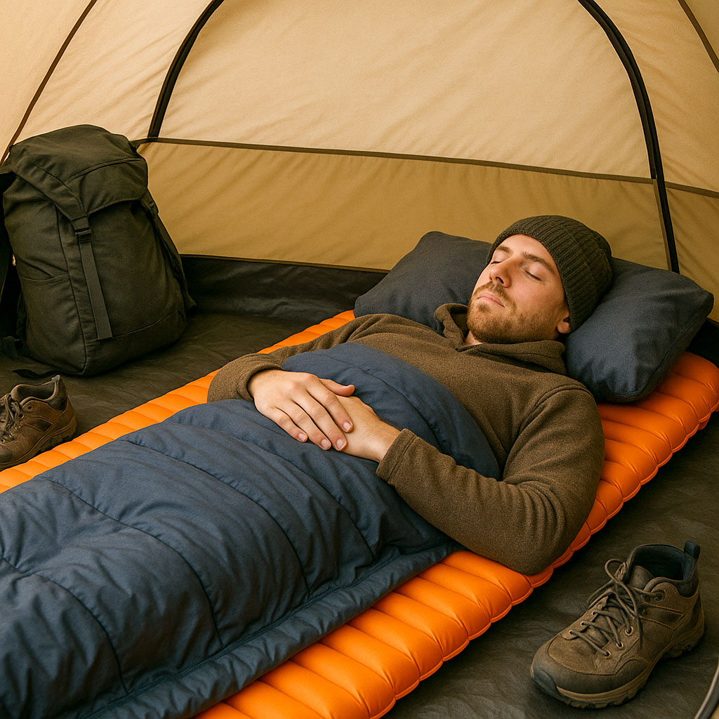 A man asleep in a tent, inside a sleeping bag, that is on top of a sleeping mat with a high R-value