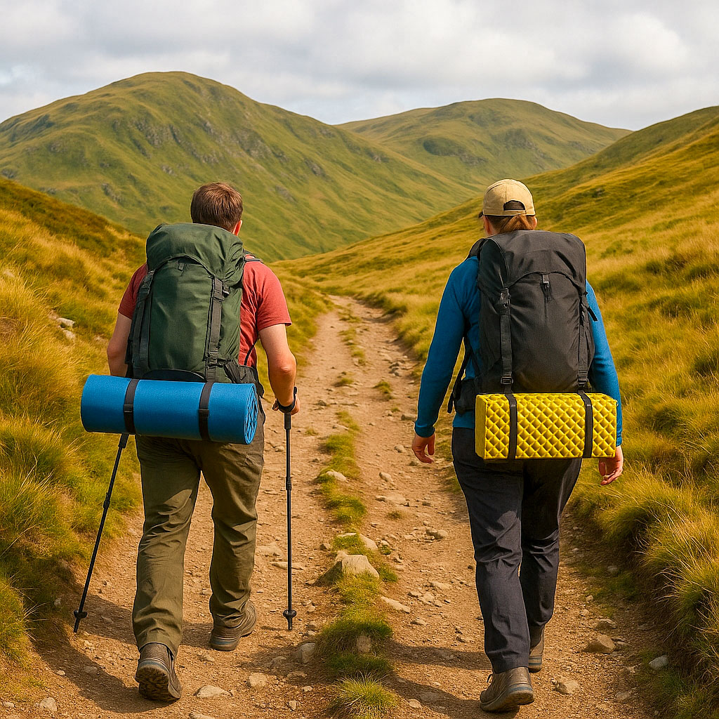 Two hikers walking along a path with backpacks on. Attached to the bottom of each pack are closed-cell foam sleeping mats.