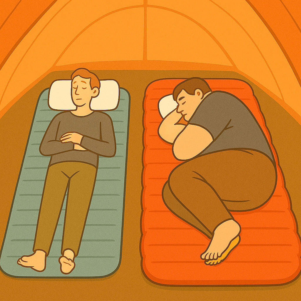 An image depciting two men asleep inside a tent. Both are on sleepimg mats, with the heavier person on a thicker mat.