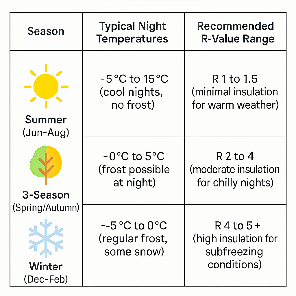 A table showing typical night temperatures by season and the related recommended R-values for sleeping mats