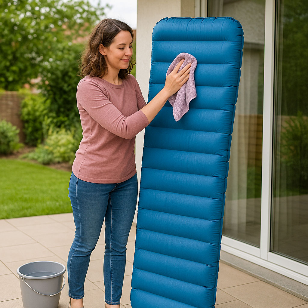 A lady stood outside on her patio drying her sleeping mat with a towel
