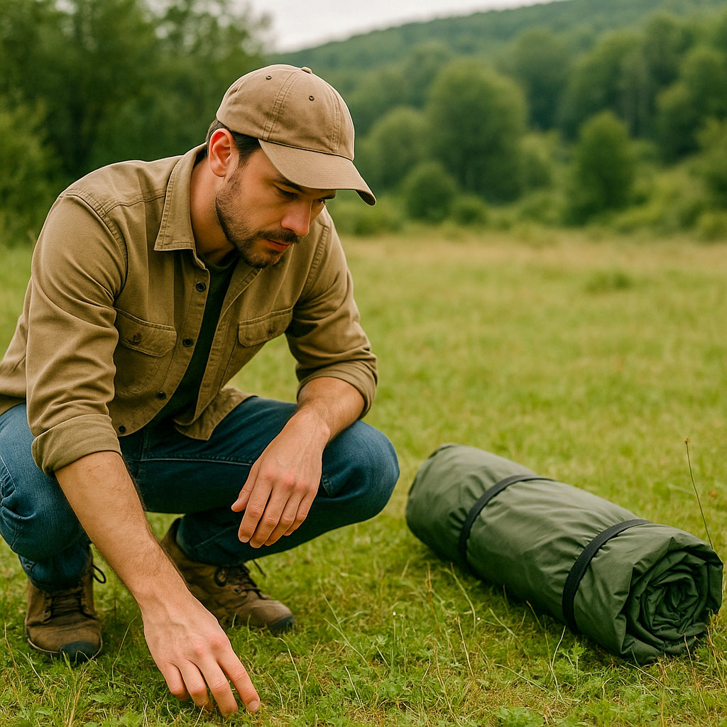 A man inspecting the ground for sharp objects before pitching his tent, so that his sleeping mat won't be punctured