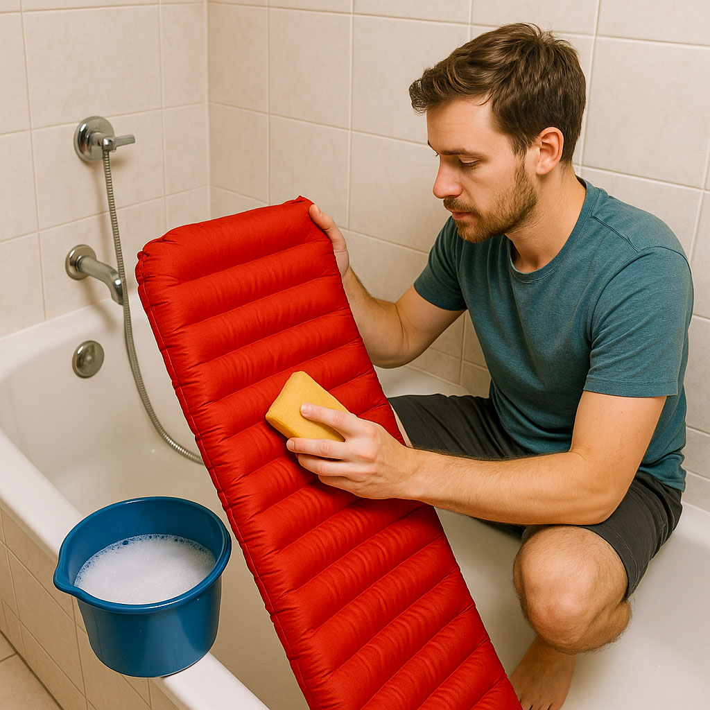A man stood in his bath, with a bucket of soapy water beside him and sponge in hand, just about to clean his sleeping mat