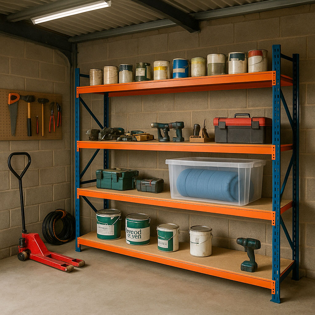 The inside of a garage, at the back of which is some racking. On one of the shelves is a see through plastic storage container, in which is a rolled up sleeping mat