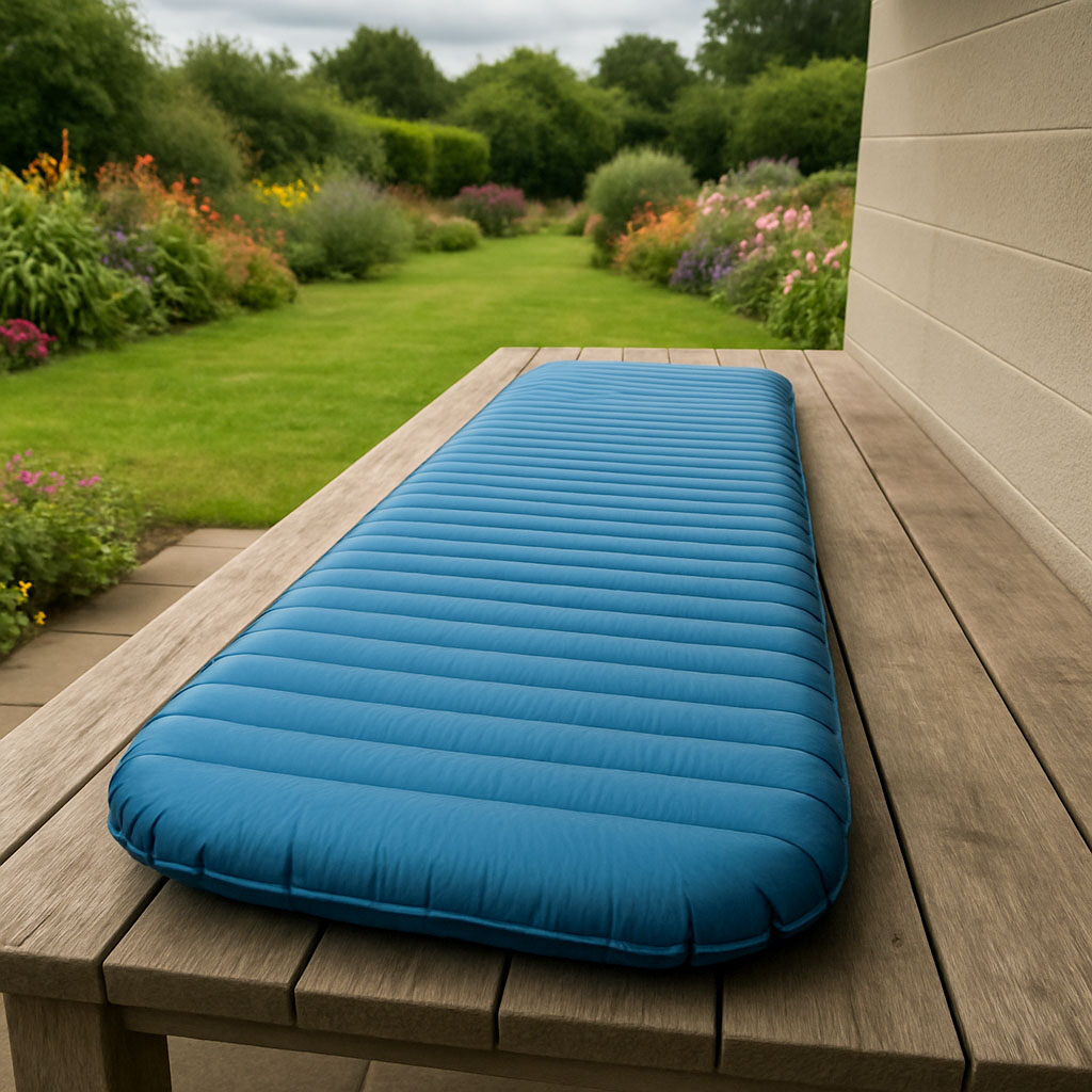 A sleeping mat being air dryed outside in the shade