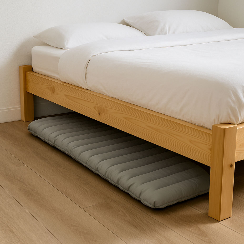 A sleeping mat patrially inflated being stored under a bed