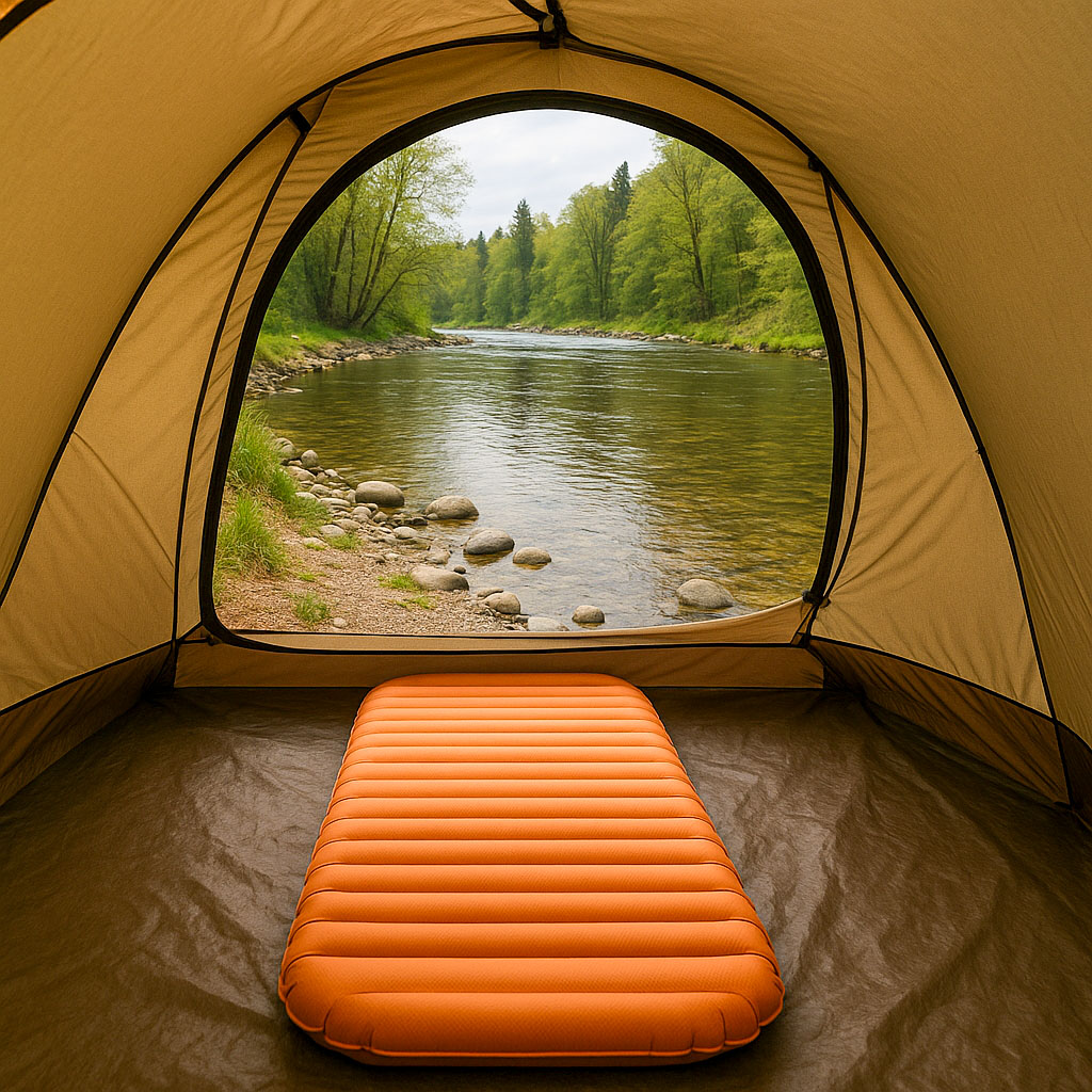 A sleeping mat laid on a groundsheet inside a tent