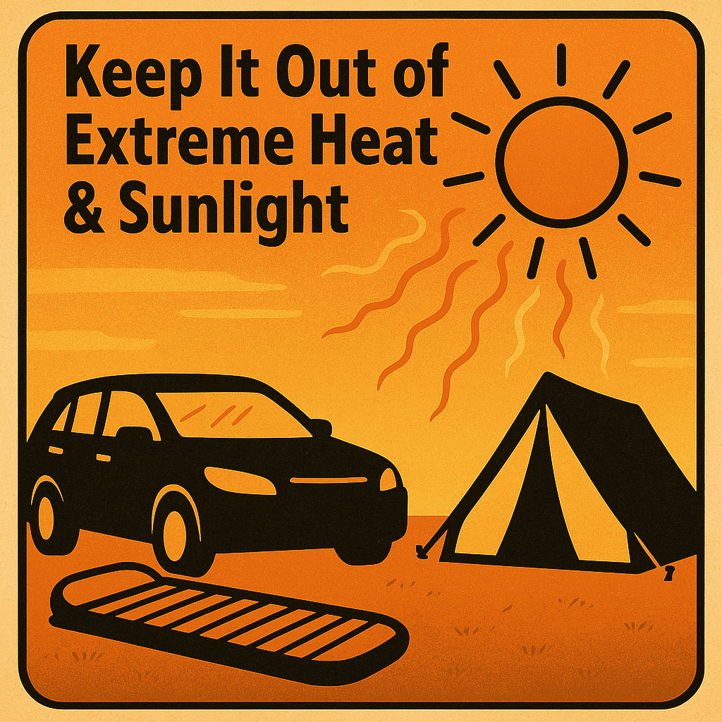An image warning not to keep a sleeping mat in extreme heat, whether inside a car or a tent