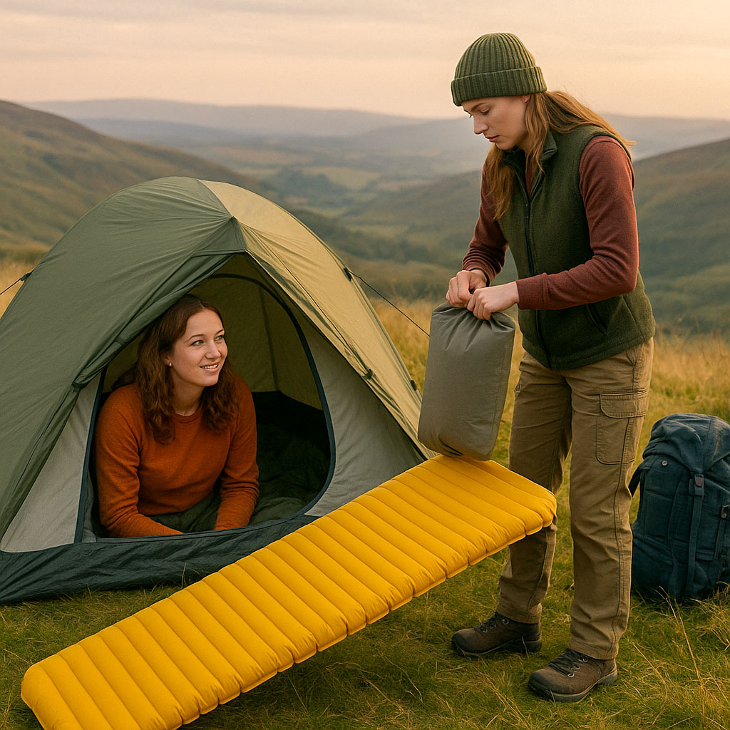 A female hiker inflating her sleeping mat with a pump bag, stood outside her tent