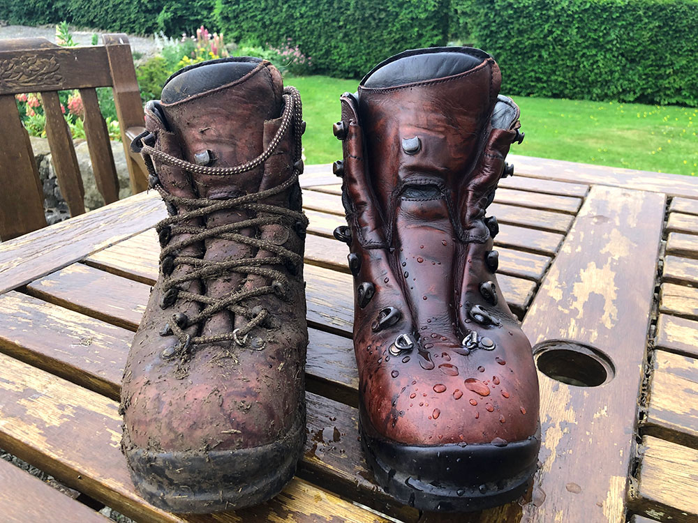Before and after cleaning leather hiking boots