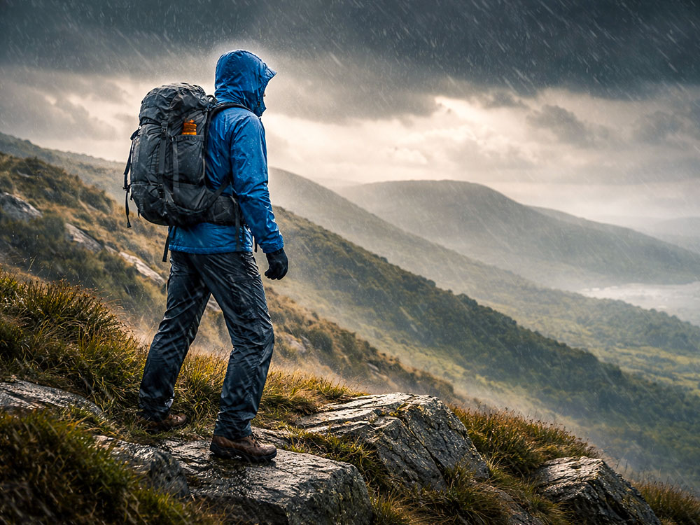 Waterproof jacket and trousers in the rain