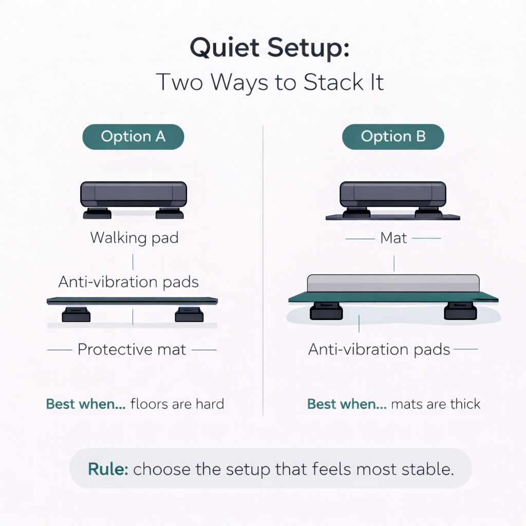 Quiet walking pad setup comparison showing anti-vibration pads under treadmill vs pads under mat