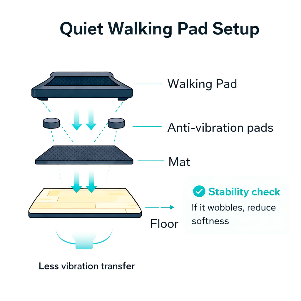 Walking pad quiet setup diagram showing treadmill, anti-vibration pads and mat layering