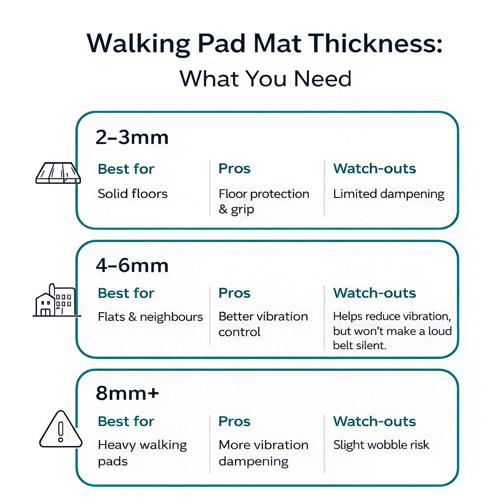 Walking pad mat thickness guide (2-3mm vs 4-6mm vs 8mm+) for UK homes and flats