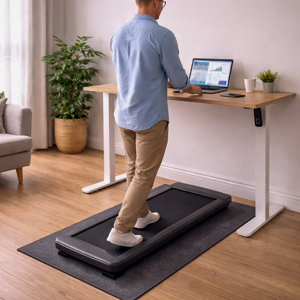Under-desk walking pad positioned on a protective mat in a UK flat for better grip and reduced vibration