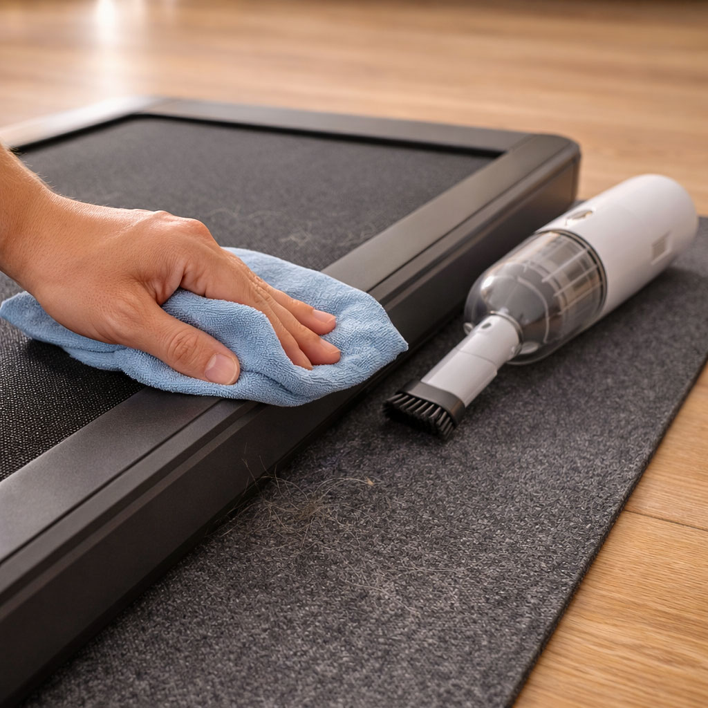 Walking pad cleaning routine using a microfibre cloth and small handheld vacuum to remove dust and pet hair