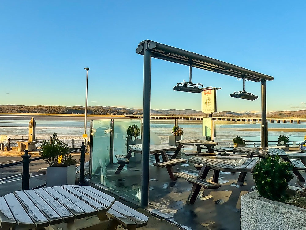 View out across the estuary and Arnside Viaduct from the Albion Beer Garden