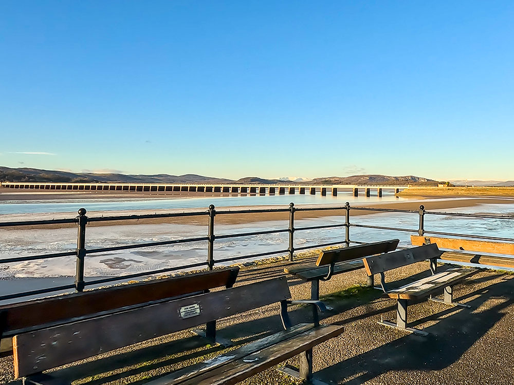 View towards Arnside Viaduct and the Lakeland Fells from Arnside Pier