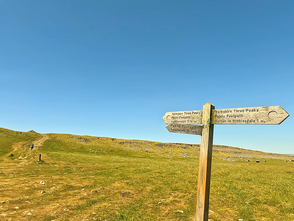 3-way footpath sign to Austwick, Ingleborough and Horton in Ribblesdale