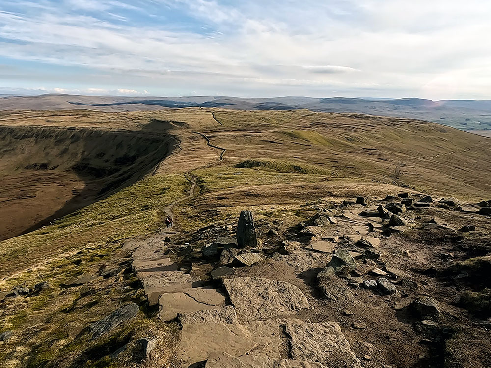 Where the path splits at the stone marker on Ingleborough