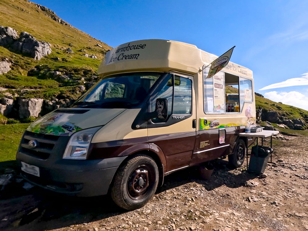 The often-seen ice cream van on Twisleton Lane on the Ingleton Waterfalls Trail