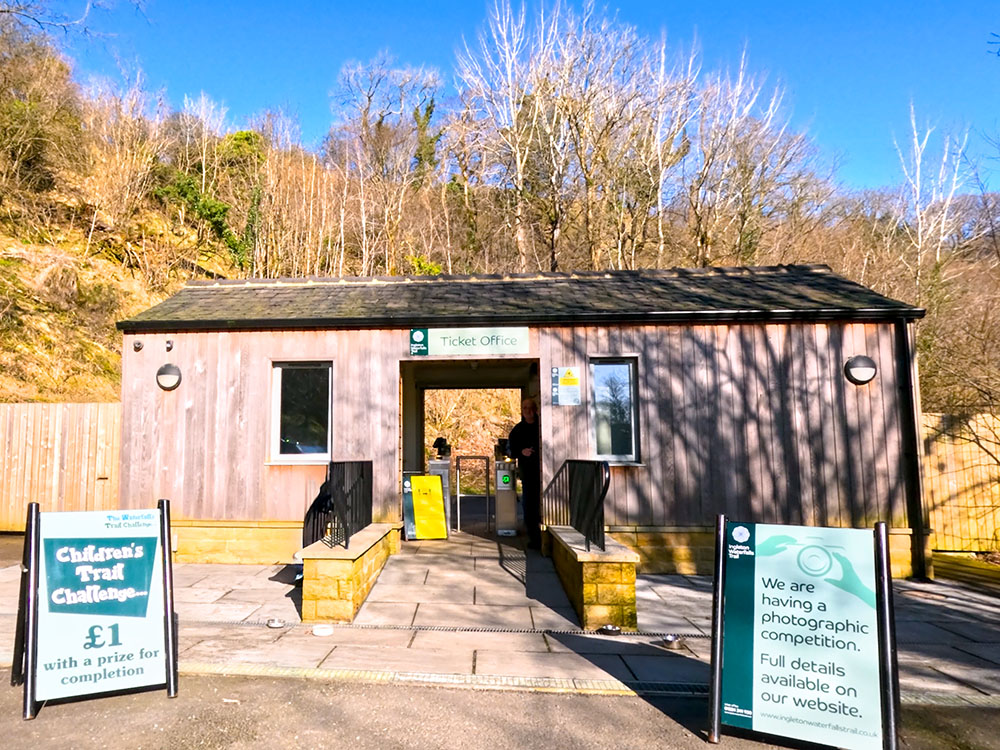 Ticket office at the far end of the car park at the entrance to the Ingleton Waterfalls Trail