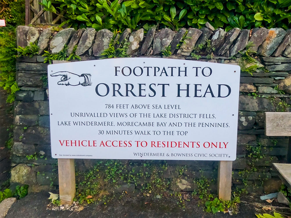 Footpath to Orrest Head from Windermere sign