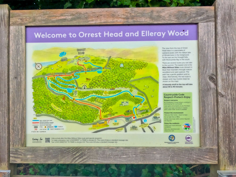 Information board welcoming you to Orrest Head and Elleray Wood