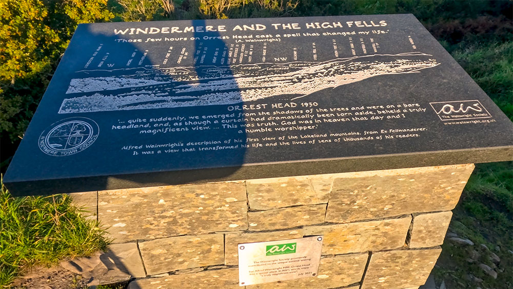 The Windermere and High Fells plaque celebrating Wainwright's first ascent of Orrest Head in 1930