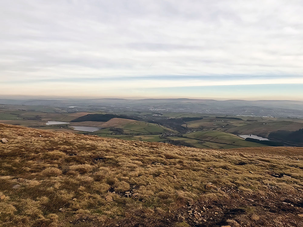 View down towards Lower and Upper Black Moss Reservoirs and Lower Ogden Reservoir