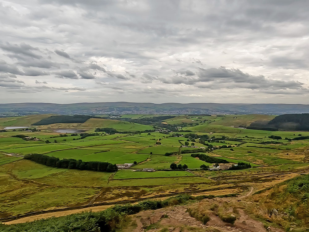 View to Black Moss Reservoirs Barley and Fell Wood from the steps