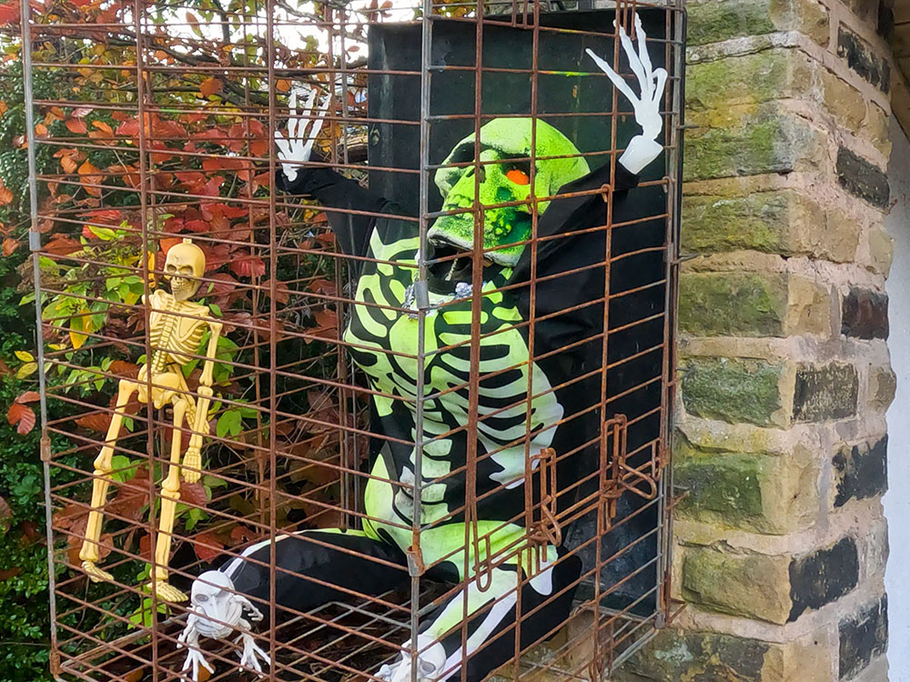 Halloween skeleton by the bus stop in Roughlee