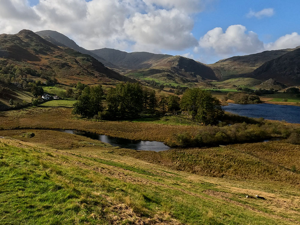 Looking back along the path just climbed towards Little Langdale Tarn and Wetherlam