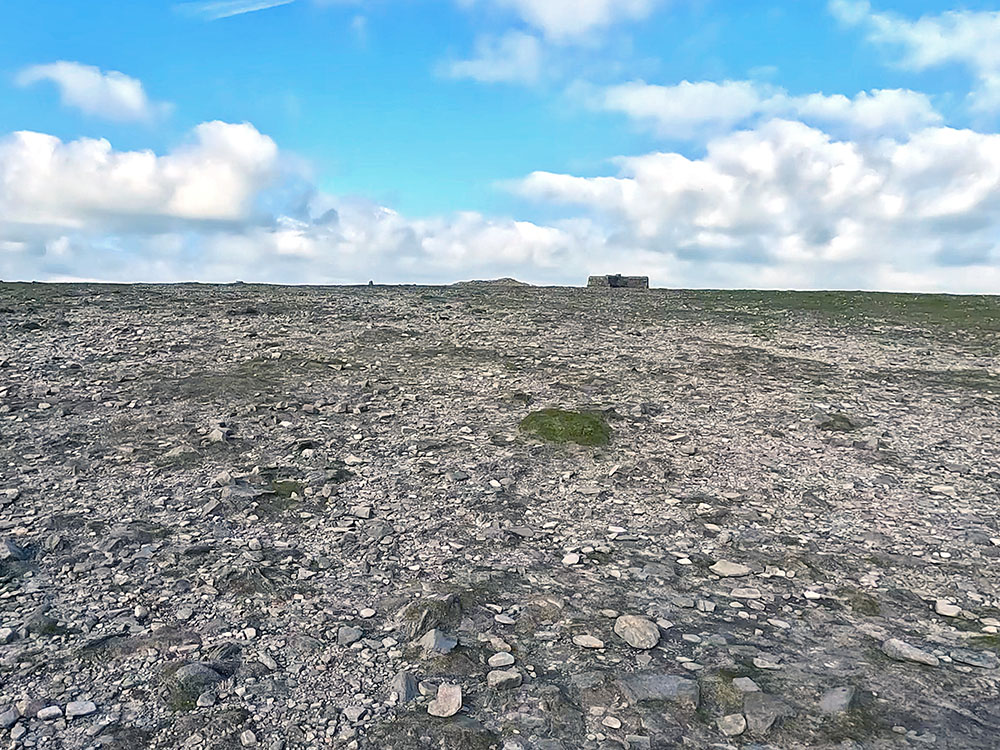 Heading across Ingleborough summit plateau towards the trig point and weather shelter
