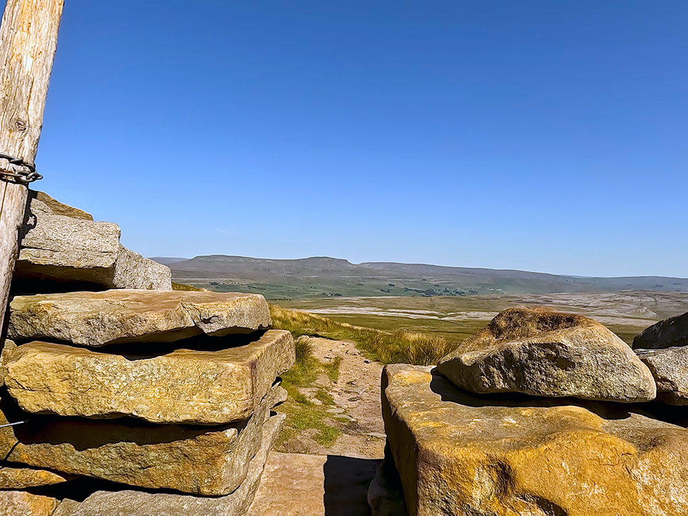 Looking over the wall stile on Simon Fell Breast towards Pen-y-ghent