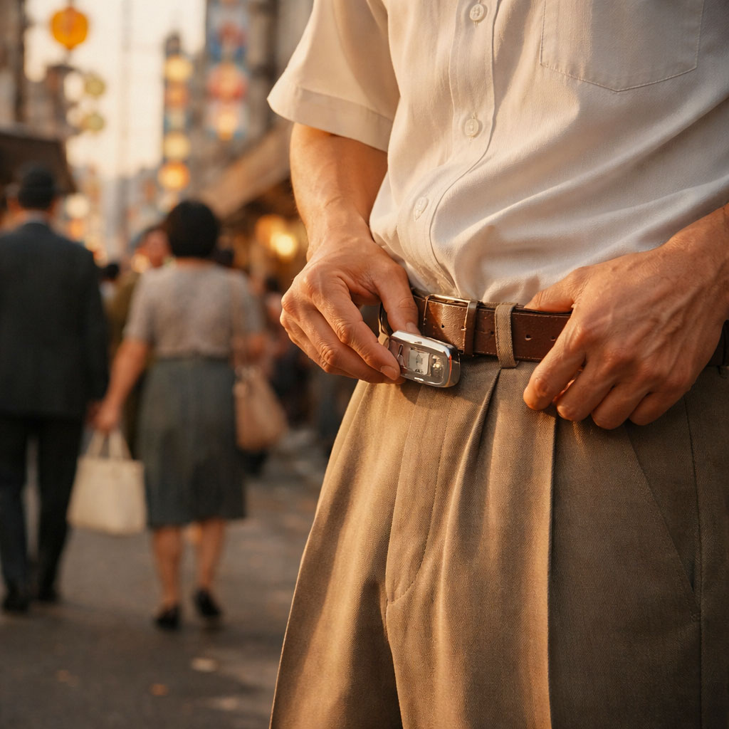 Photorealistic image of a 1960s Japanese adult using an early pedometer