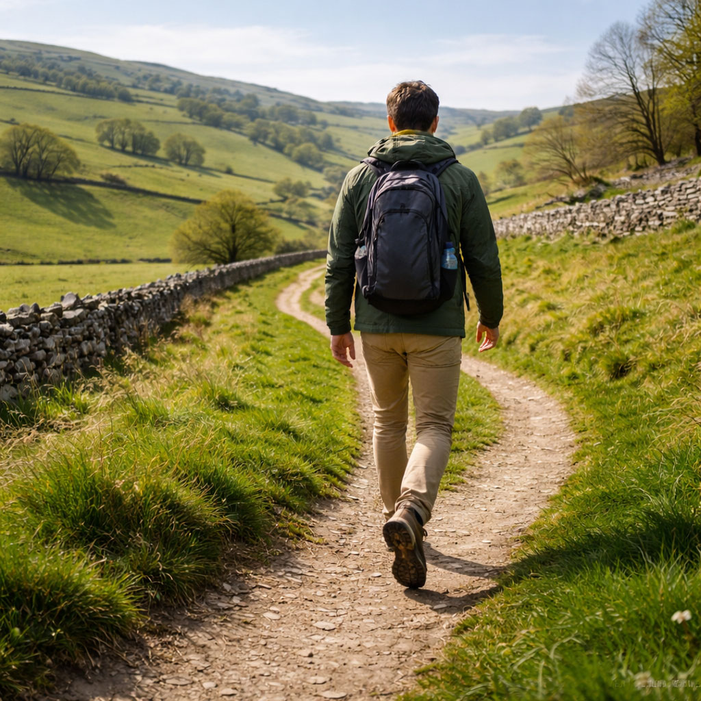 A countryside footpath walk through rolling UK hills