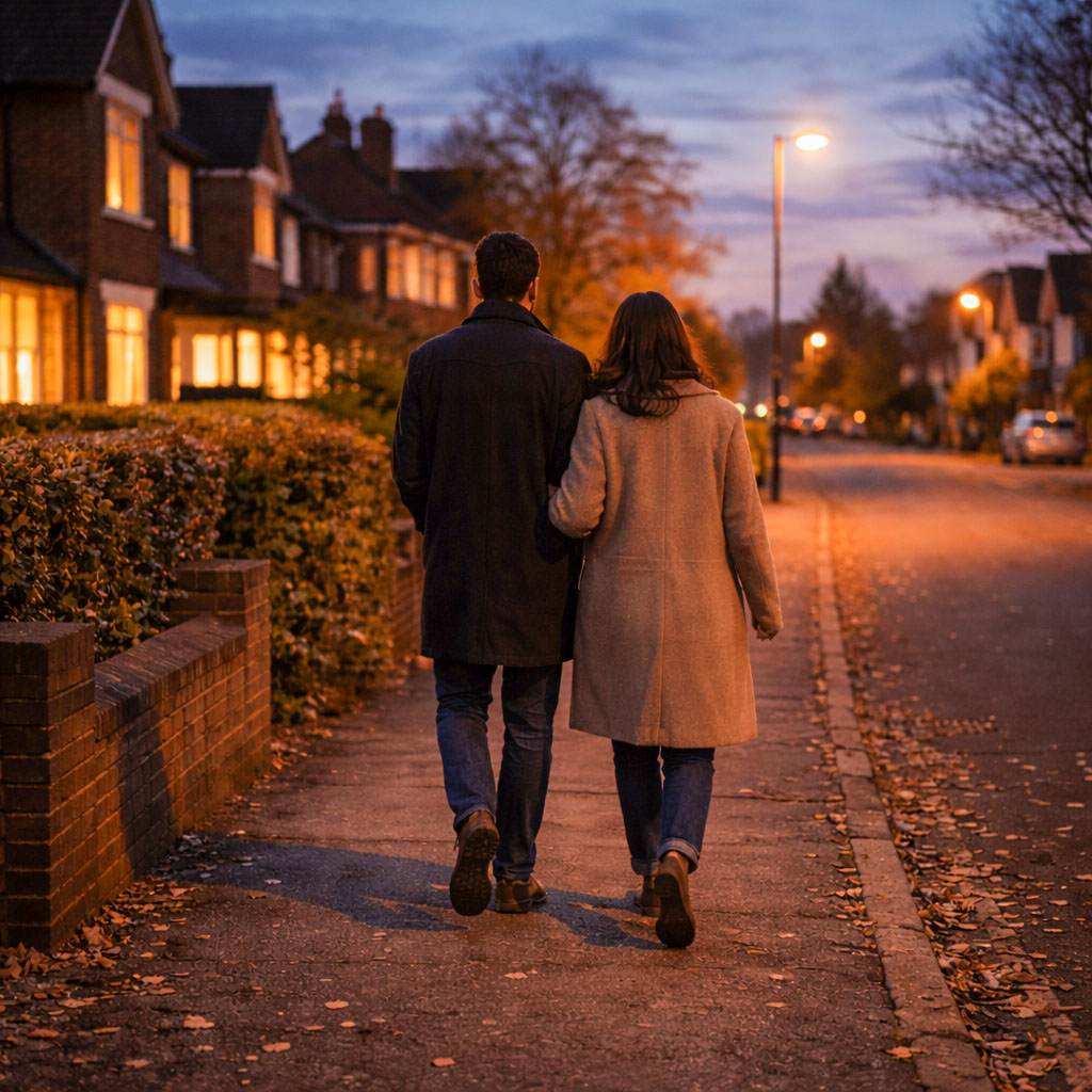 A couple walking together on a UK suburban street at dusk