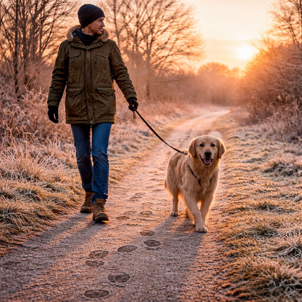 A dog walker on a frosty UK morning path