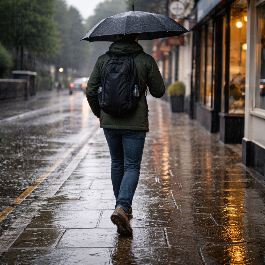 A person walking briskly on a rainy UK pavement