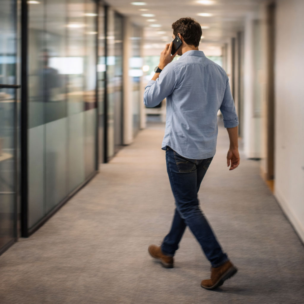 An office worker walking while taking a phone call