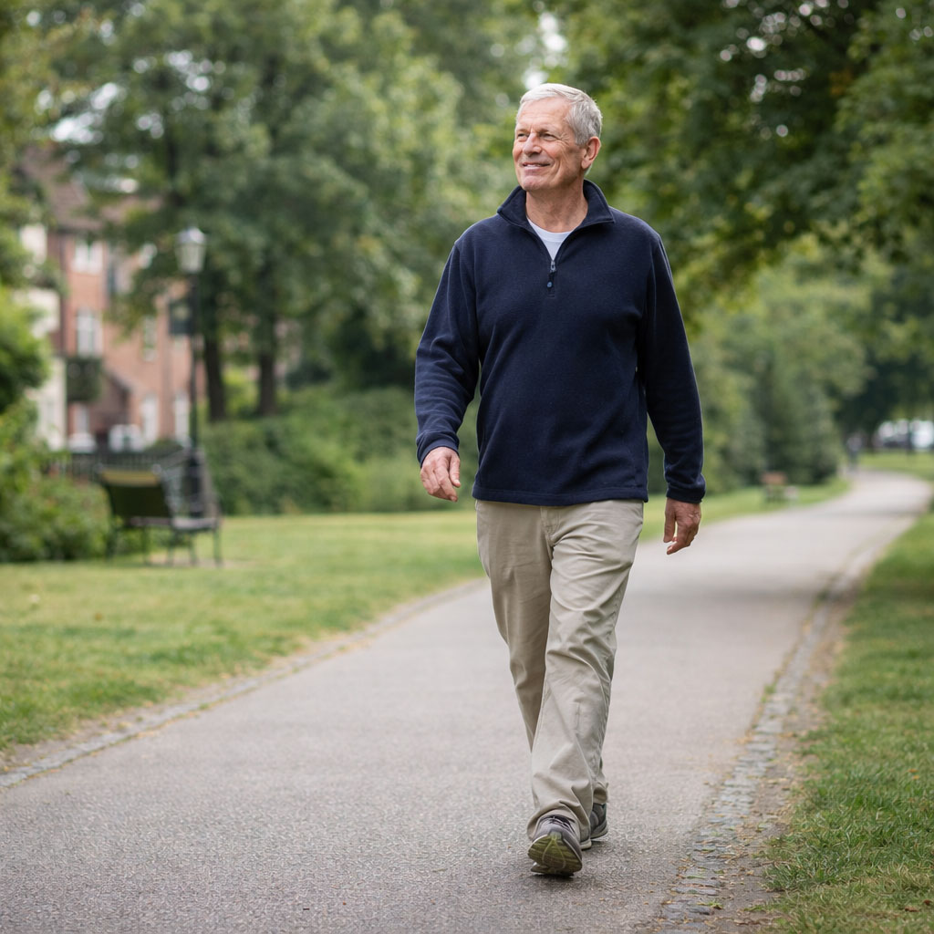 An older man walking comfortably in a UK park
