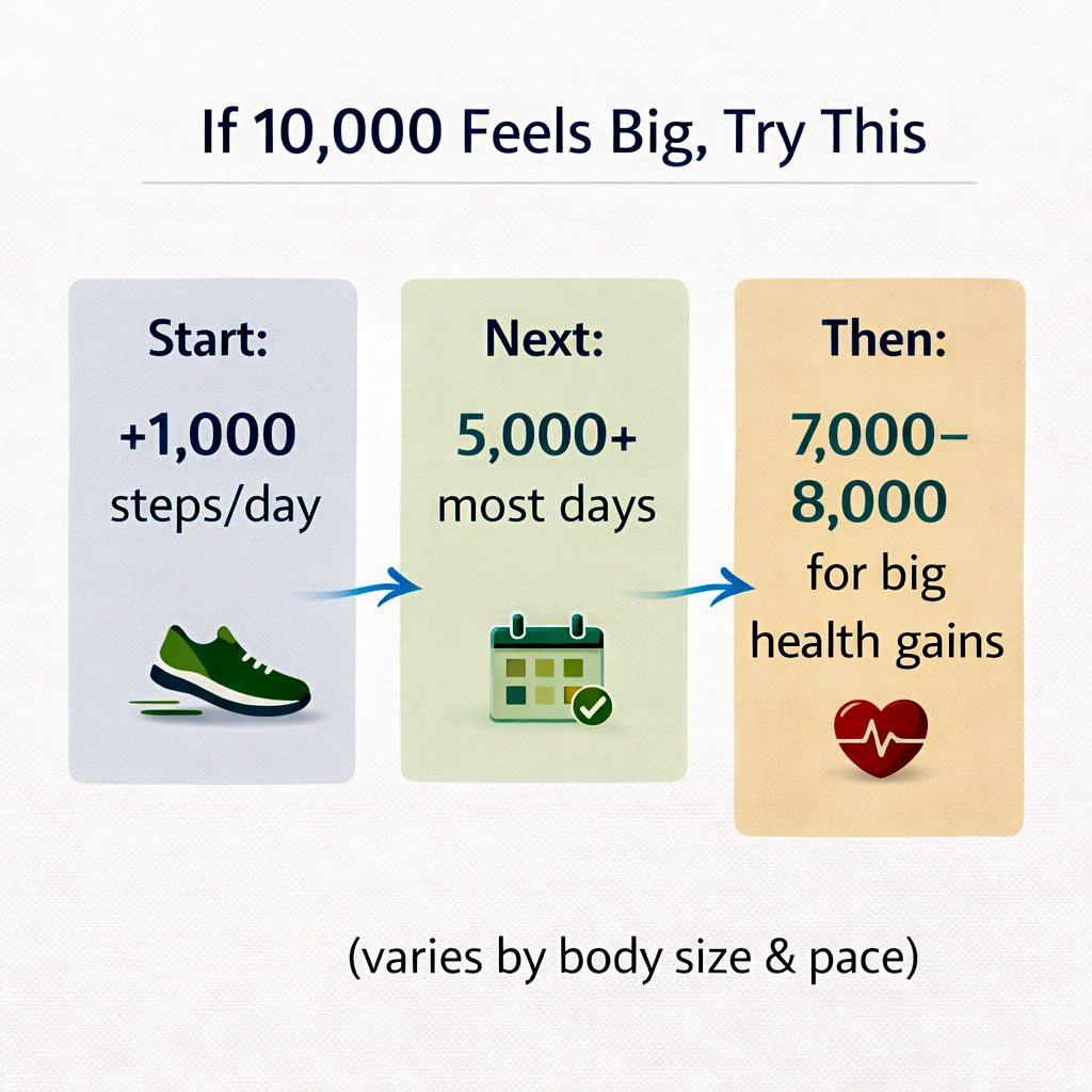 Infographic showing beginner-friendly step targets below 10,000