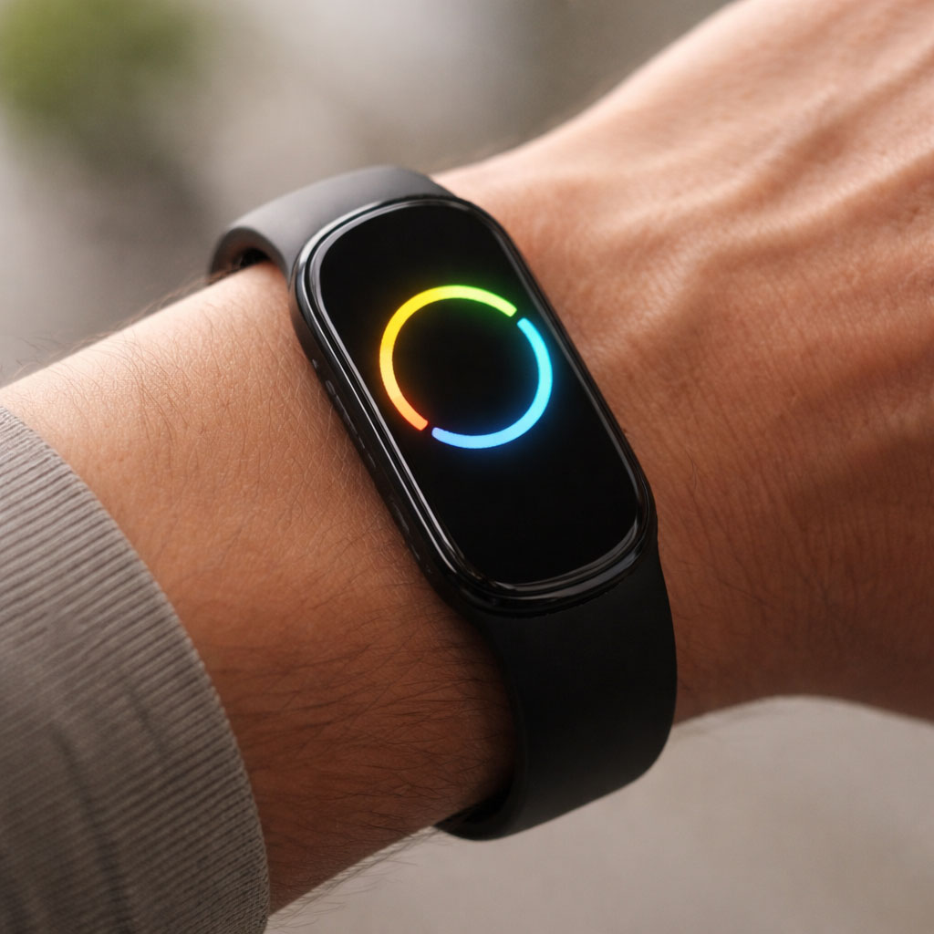 Photorealistic close-up of a modern fitness tracker showing a progress ring without numbers