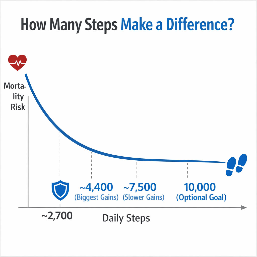 Infographic showing a smooth declining mortality-risk curve as daily steps increase