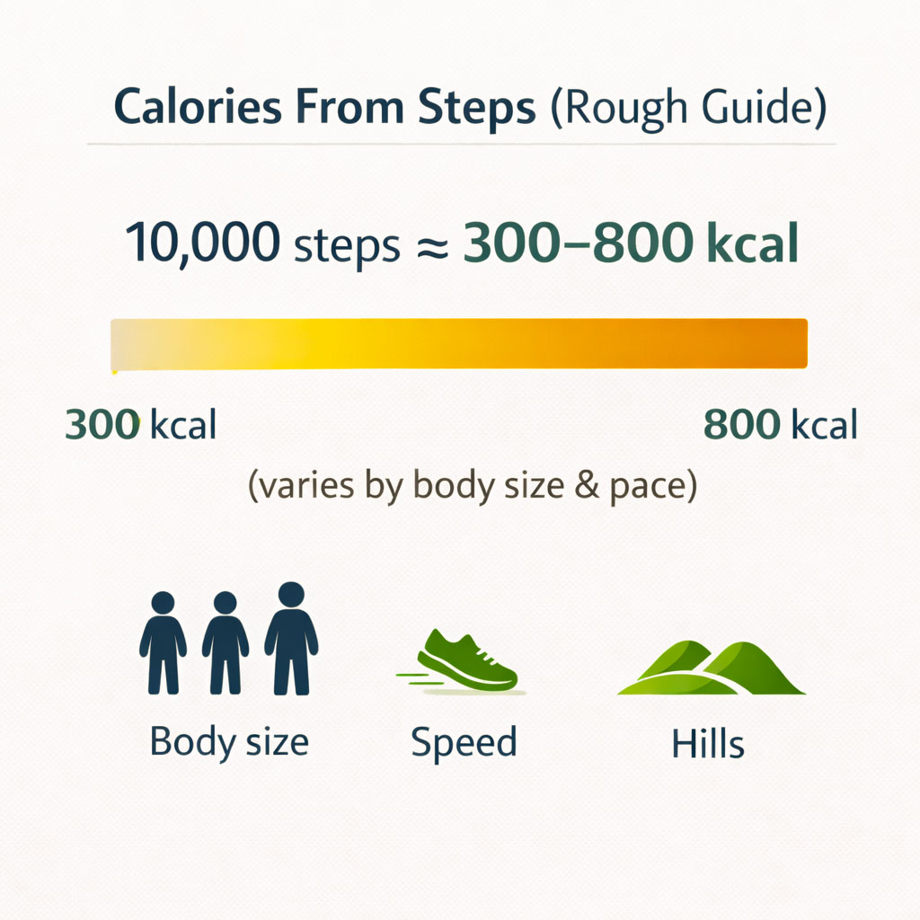 Infographic showing estimated calories burned from walking based on step count