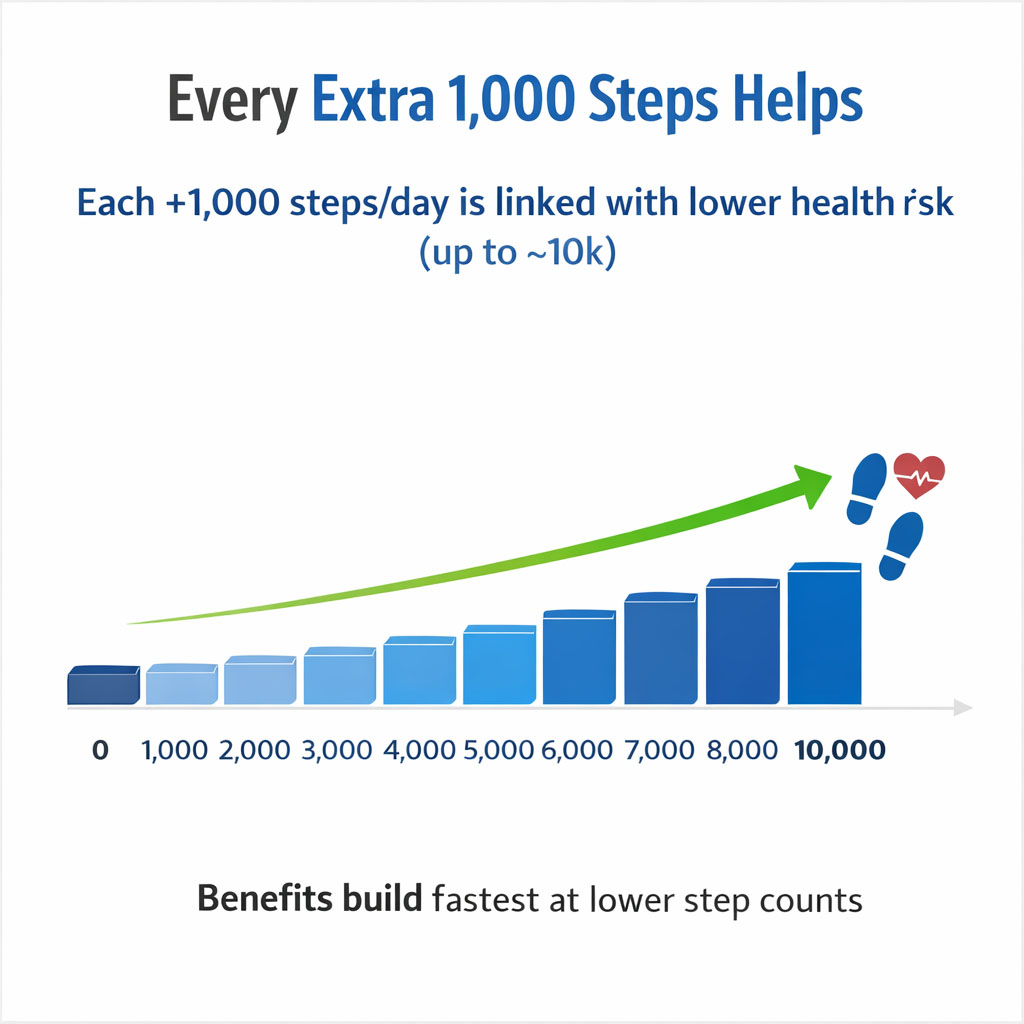 Infographic illustrating how every additional 1,000 steps contributes to better health