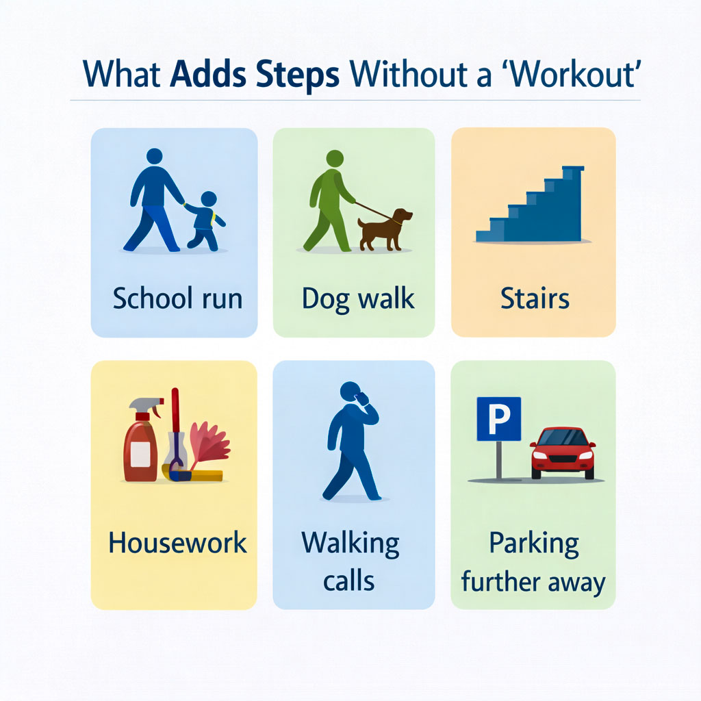 Infographic showing everyday activities that add steps without formal exercise