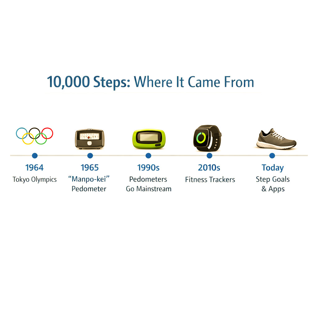 Infographic showing the history of the 10,000 steps goal from the 1960s Japanese Manpo-kei pedometer to modern fitness trackers