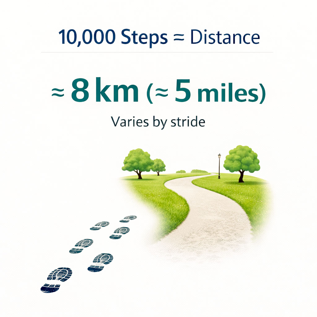 Infographic explaining how far 10,000 steps equals in miles and kilometres